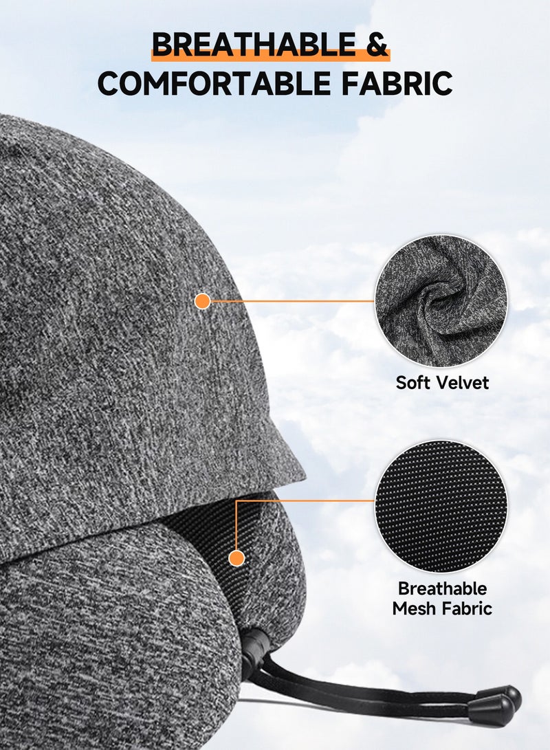 HomKawt Travel Pillow, Neck Pillow with Hood - Velvet Memory Foam for Adults, Head & Neck Support for Airplane, Car, Office Sleeping & Long Flights (Gray) - Image 4